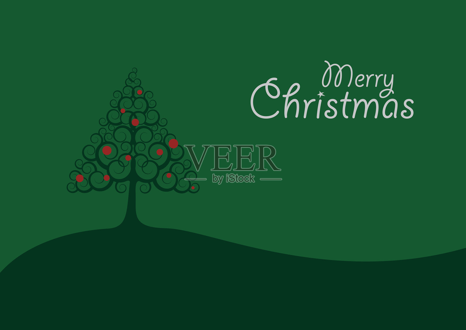 在绿色山丘上装饰着饰品的圣诞树，庆祝圣诞快乐插画图片素材