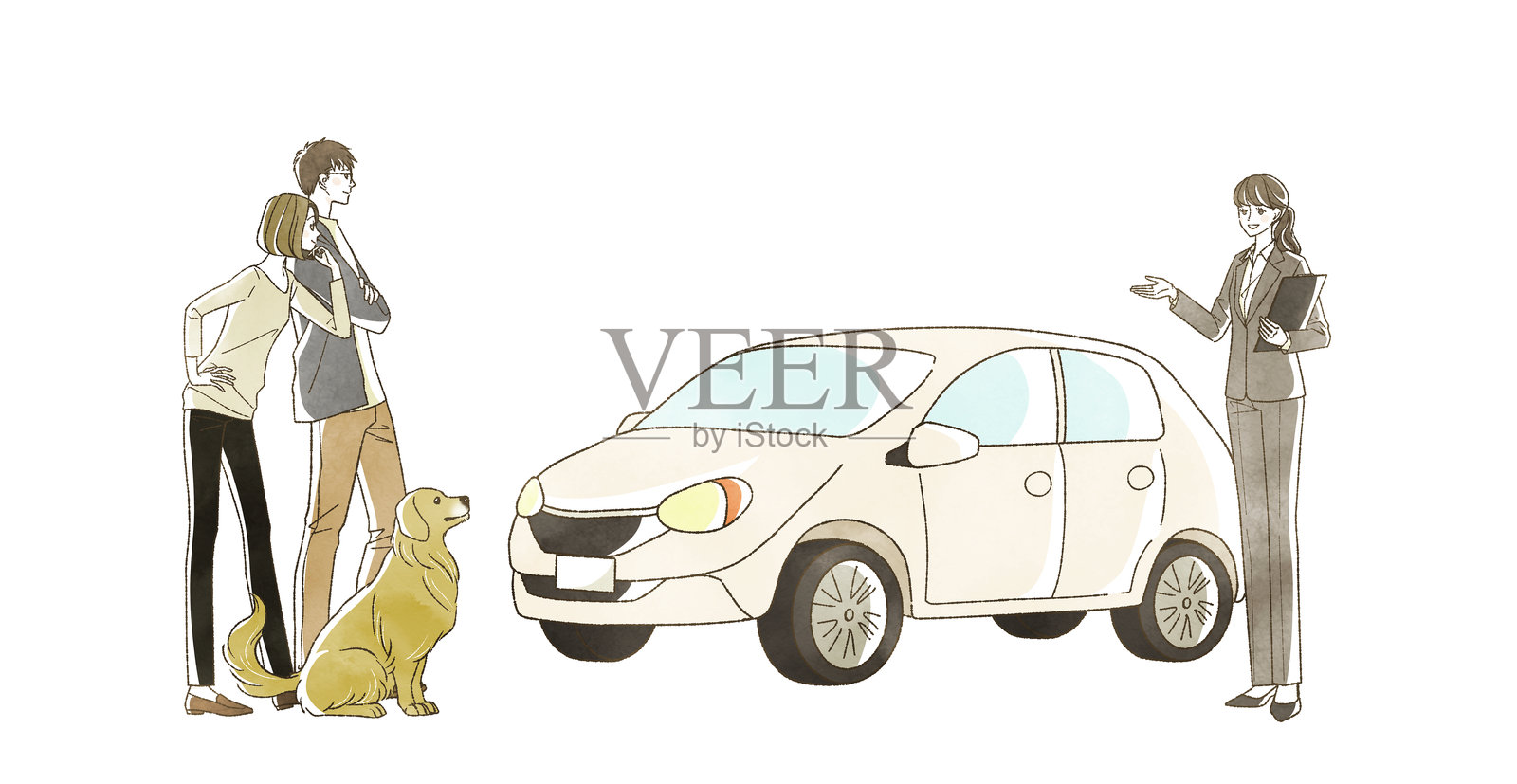 一位穿着西装的女性正在讲解汽车。照片摄影图片