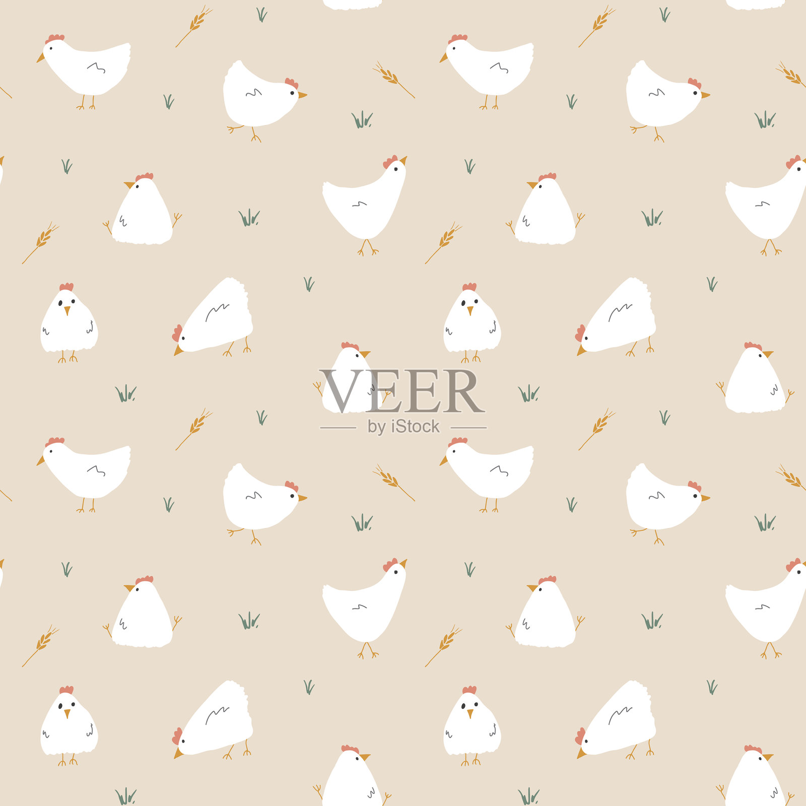 可爱卡通小鸡和母鸡无缝图案，背景矢量插图插画图片素材