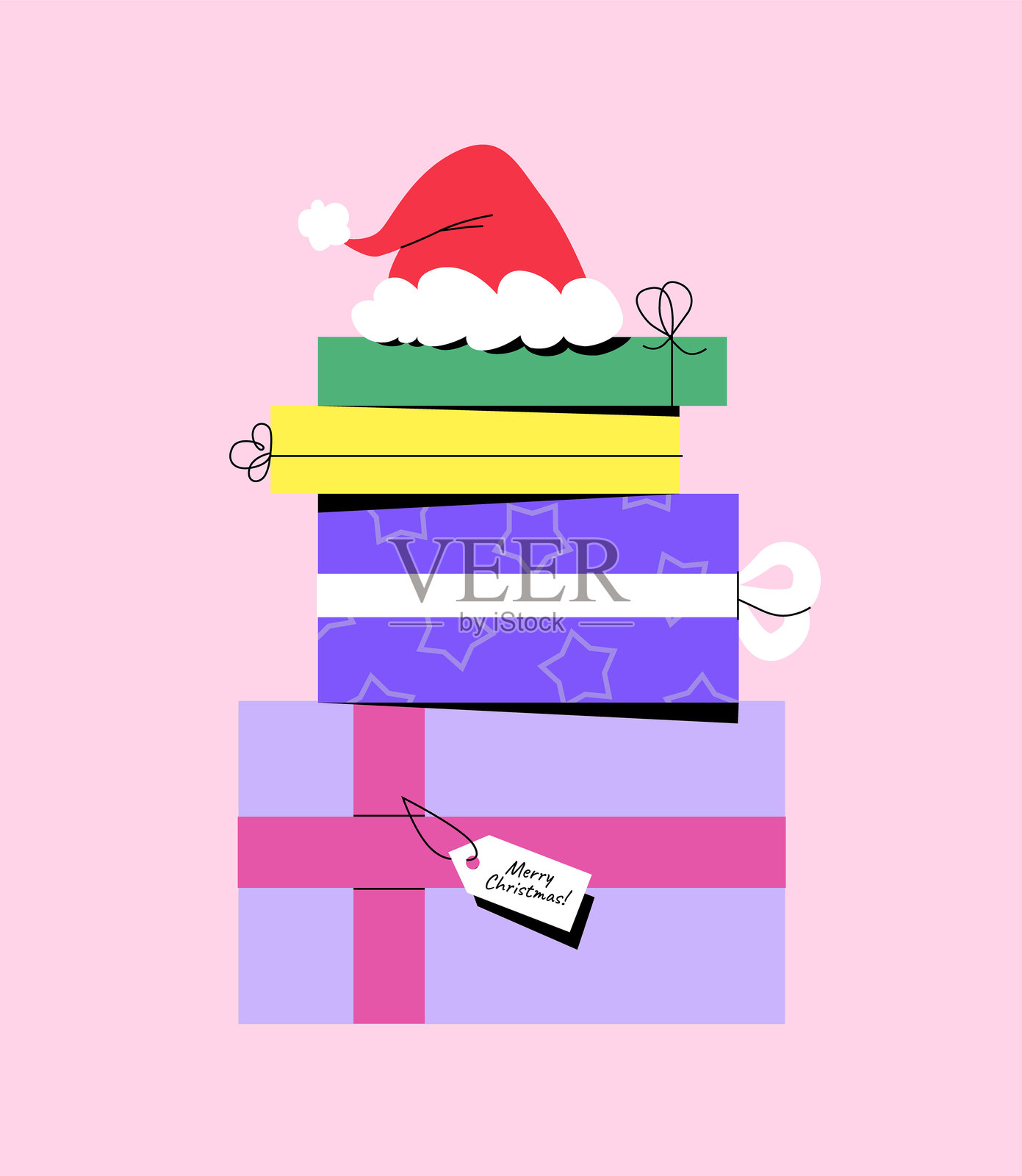 一堆圣诞礼物，上面放着一顶圣诞老人帽。标签上的祝福语是“圣诞快乐”。适合节日邀请函、海报或横幅的时尚矢量插图。插画图片素材