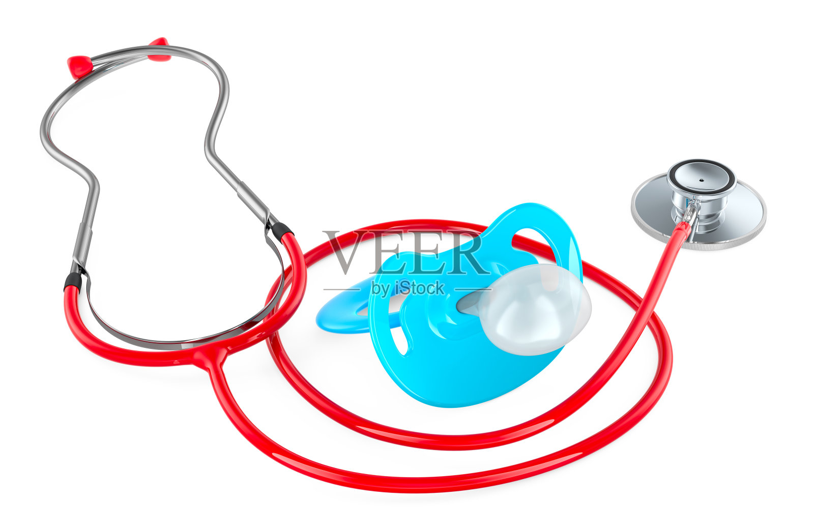 带有婴儿安抚奶嘴的听诊器。婴儿健康，概念。3D 渲染。照片摄影图片