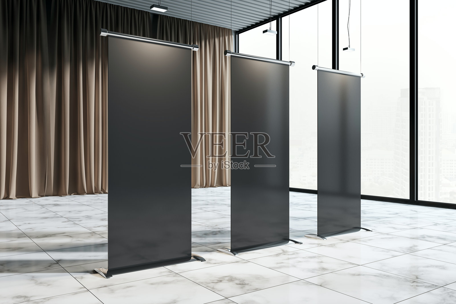 现代房间内的展示模型架，配有窗户和窗帘。3D渲染图。照片摄影图片