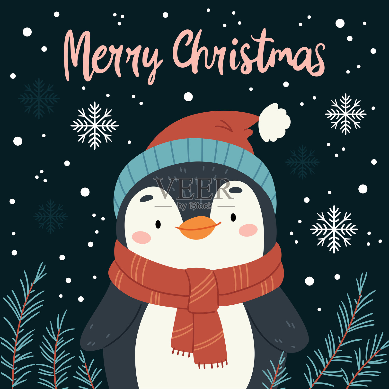 圣诞贺卡，上面有一只企鹅，背景是黑暗的森林。插画图片素材