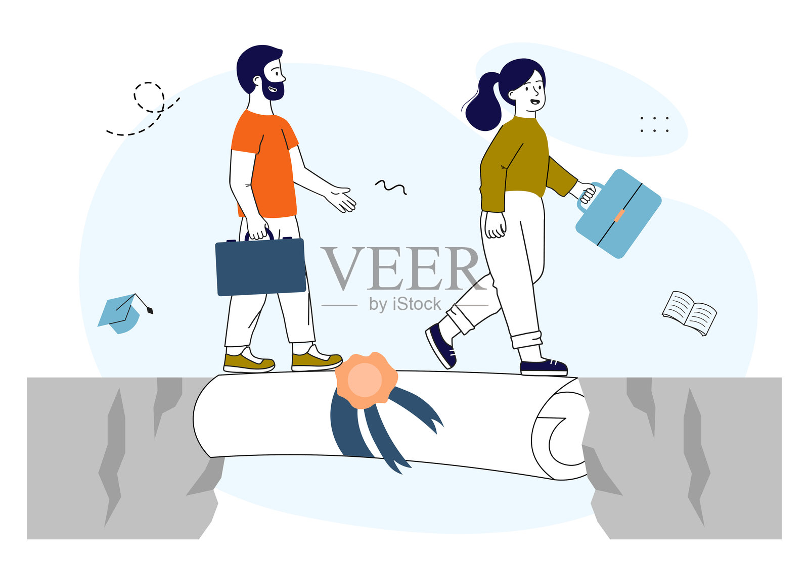 人们在教育桥上。男士和女士手提公文包，沿着悬崖走向书本。激励与成功，灵感。线性矢量插图插画图片素材