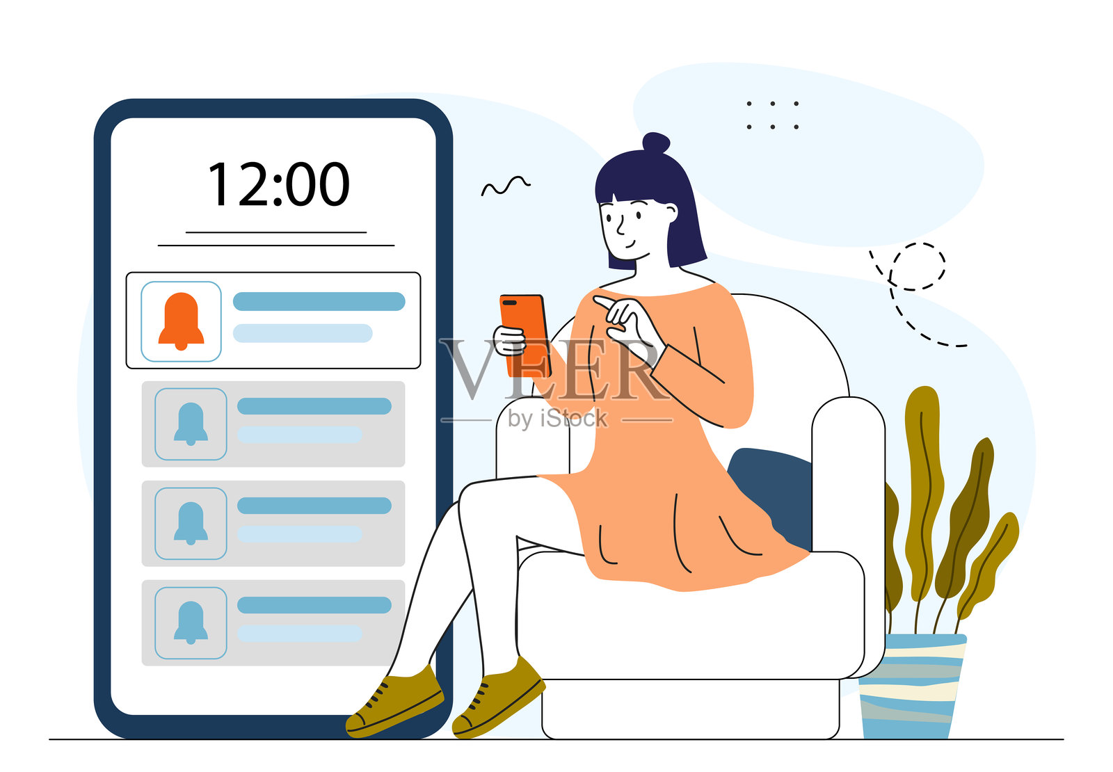 接收推送通知的女性。年轻女孩用智能手机查看应用程序的通知。社交网络、即时通讯和电子邮件。线性矢量插图。插画图片素材