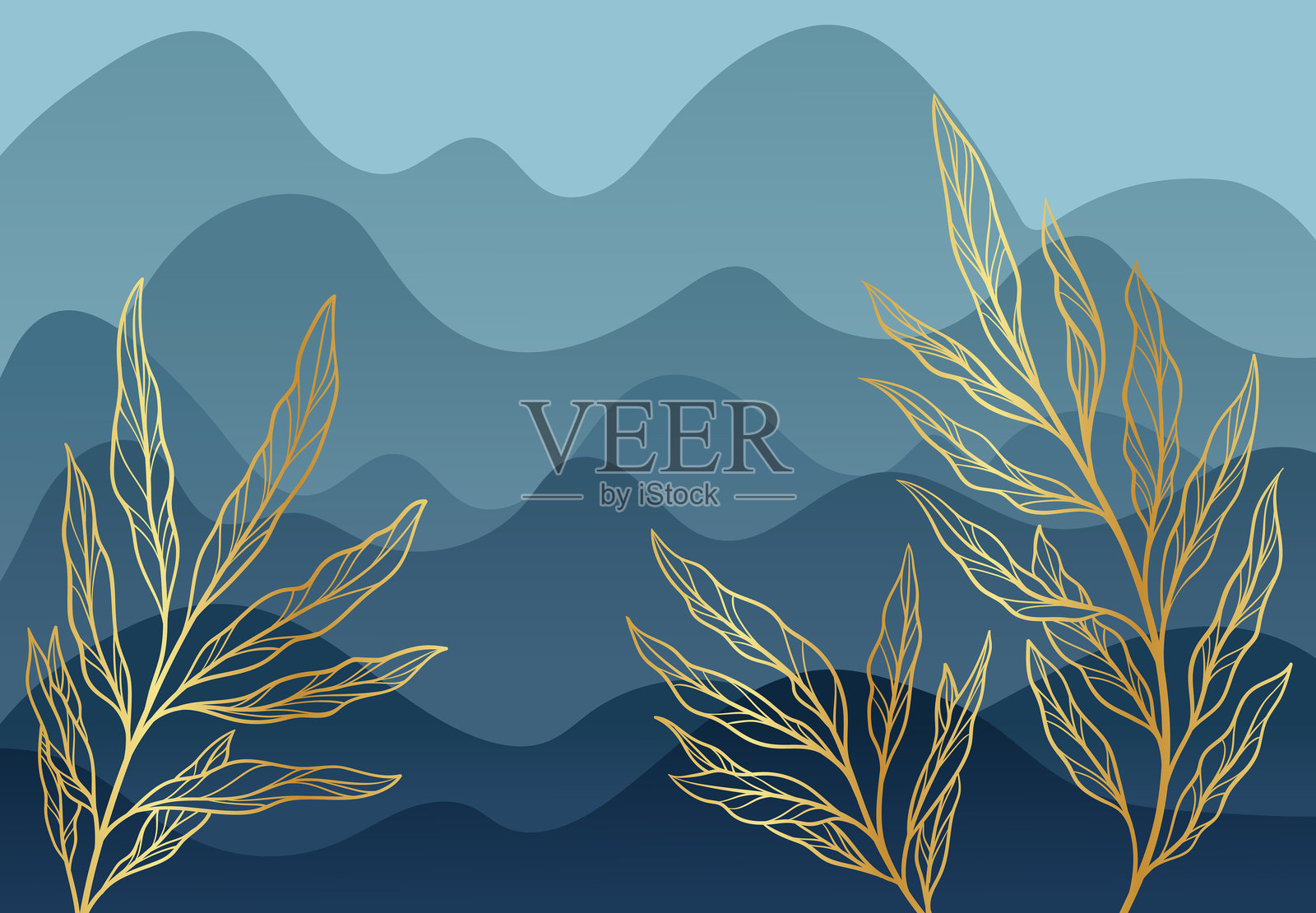 极简叶子的背景。金色极简叶子。抽象创意与艺术。奢华的木兰。秋季与春季的枝条。壁纸与背景。线性矢量插图。插画图片素材