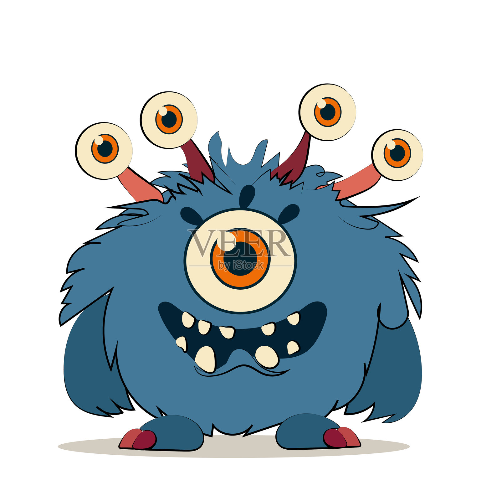 可爱的怪物概念。蓝色毛茸茸的恶魔和有很多眼睛的魔鬼。万圣节野兽。恐惧与恐怖的节日。社交媒体贴纸。平面矢量插图。插画图片素材