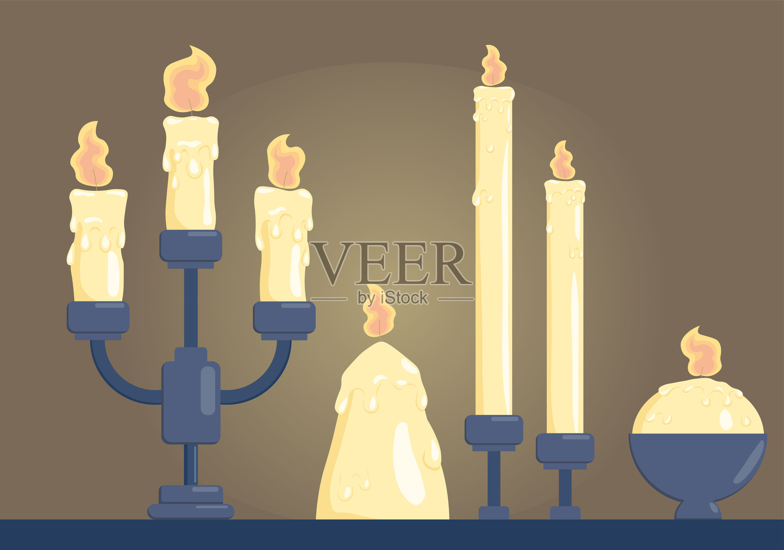 一组蜡烛台。带有燃烧蜡烛的烛台。装饰和室内元素。带火焰的灯和蜡烛，照明。平面矢量插图插画图片素材