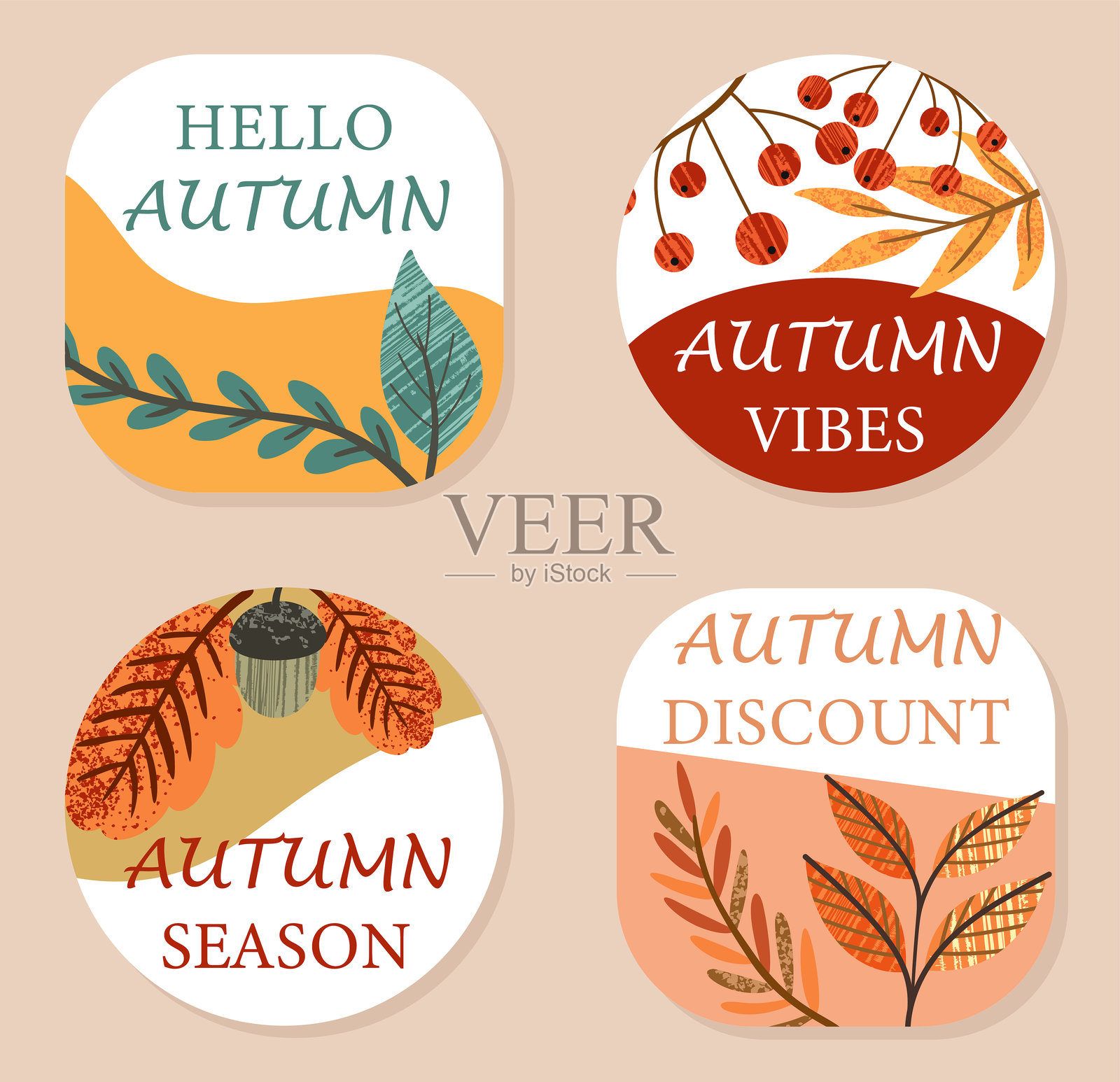秋天你好贴纸套装。秋季贴纸包。排版和书法。温馨、舒适和悠闲。红色浆果和橙色树叶。平面矢量集合。插画图片素材