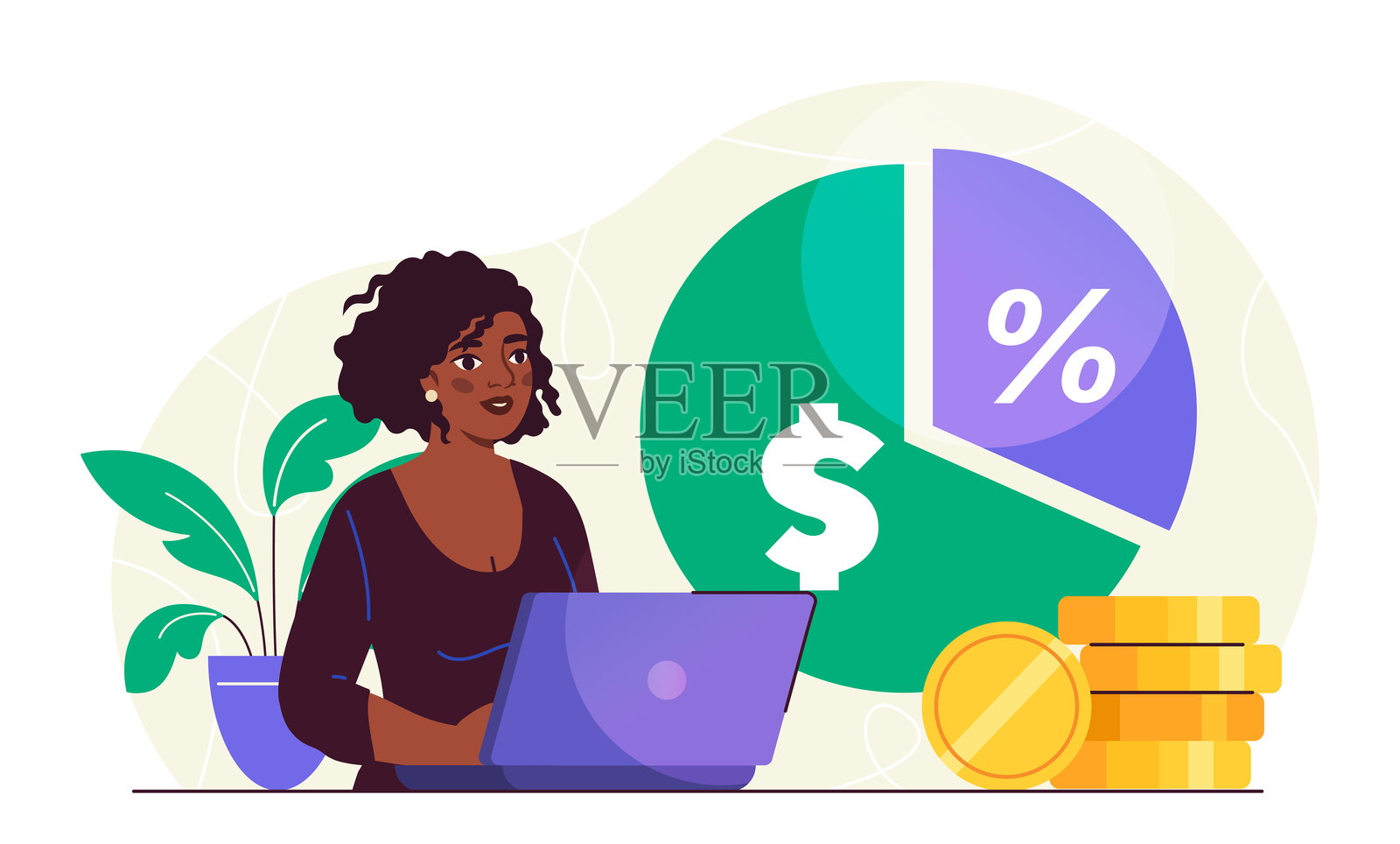 拥有股息的女性。使用笔记本电脑的女商人，展示图表和图解。财务知识与被动收入。会计师评估财务。扁平化矢量插图。插画图片素材