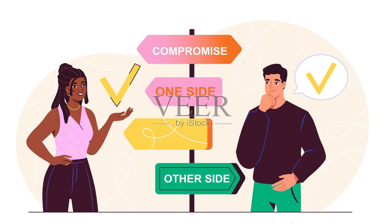 妥协中的人。男女在带有文字的标志旁。决策的隐喻。合作伙伴和同事在共同项目上工作。扁平矢量插图插画图片素材