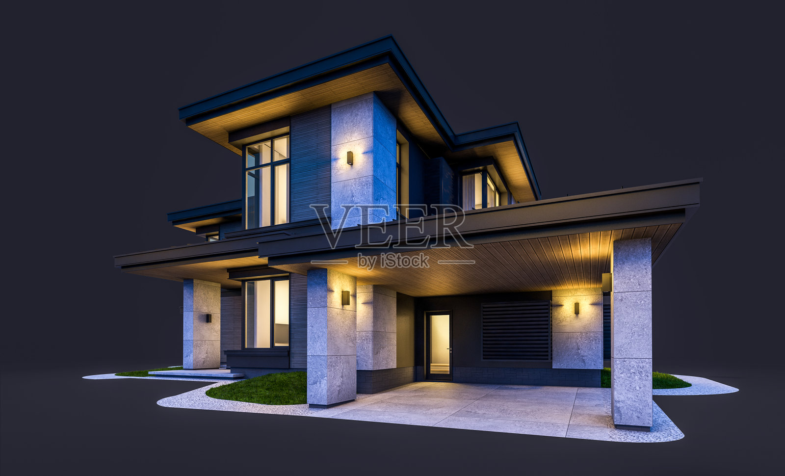 现代两层房屋的3D渲染，灰色和木质装饰，夜间孤立在黑色背景上照片摄影图片