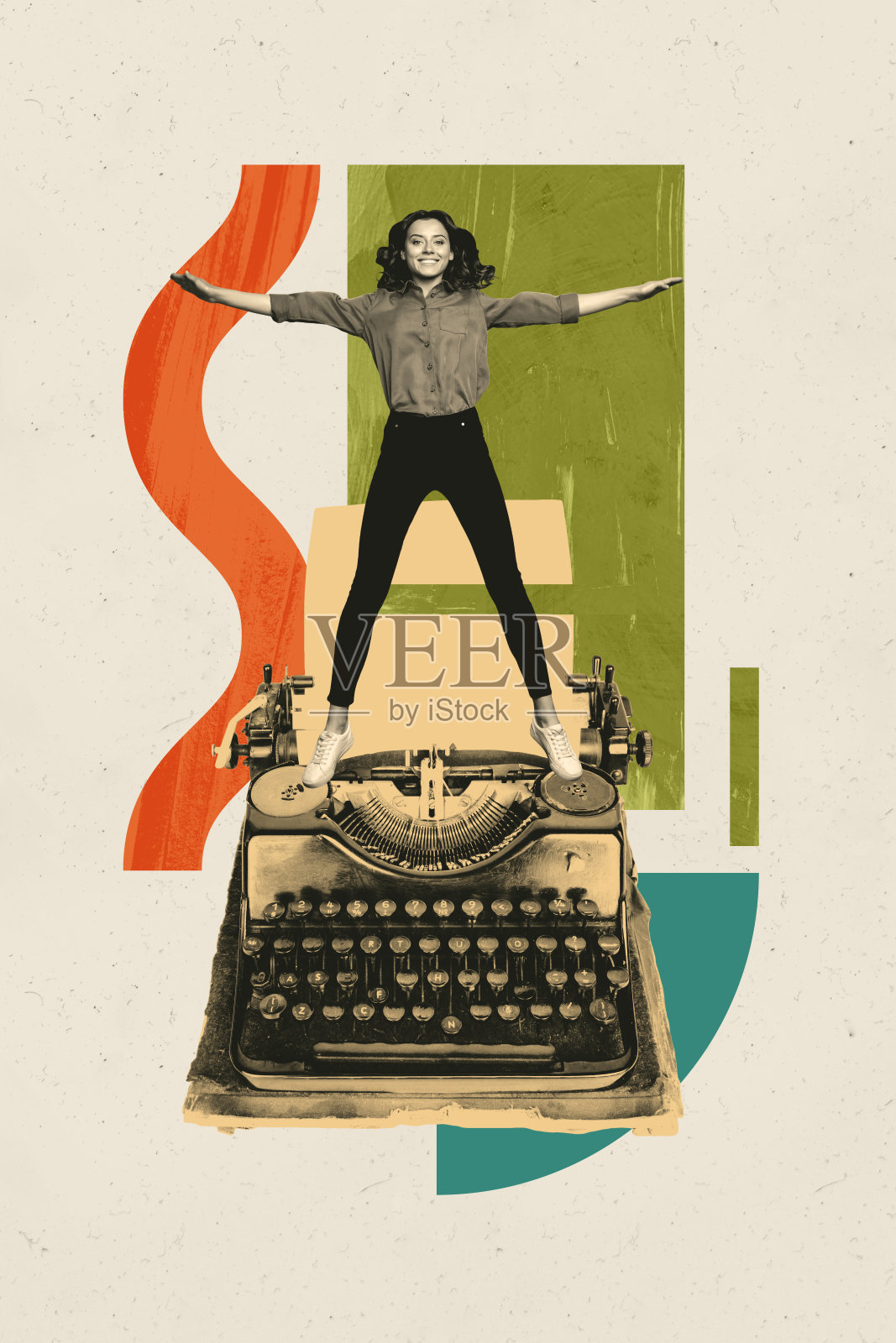 年轻女士与巨型打字机的3D素描艺术作品，纸质小说爱好者的拼贴照片照片摄影图片