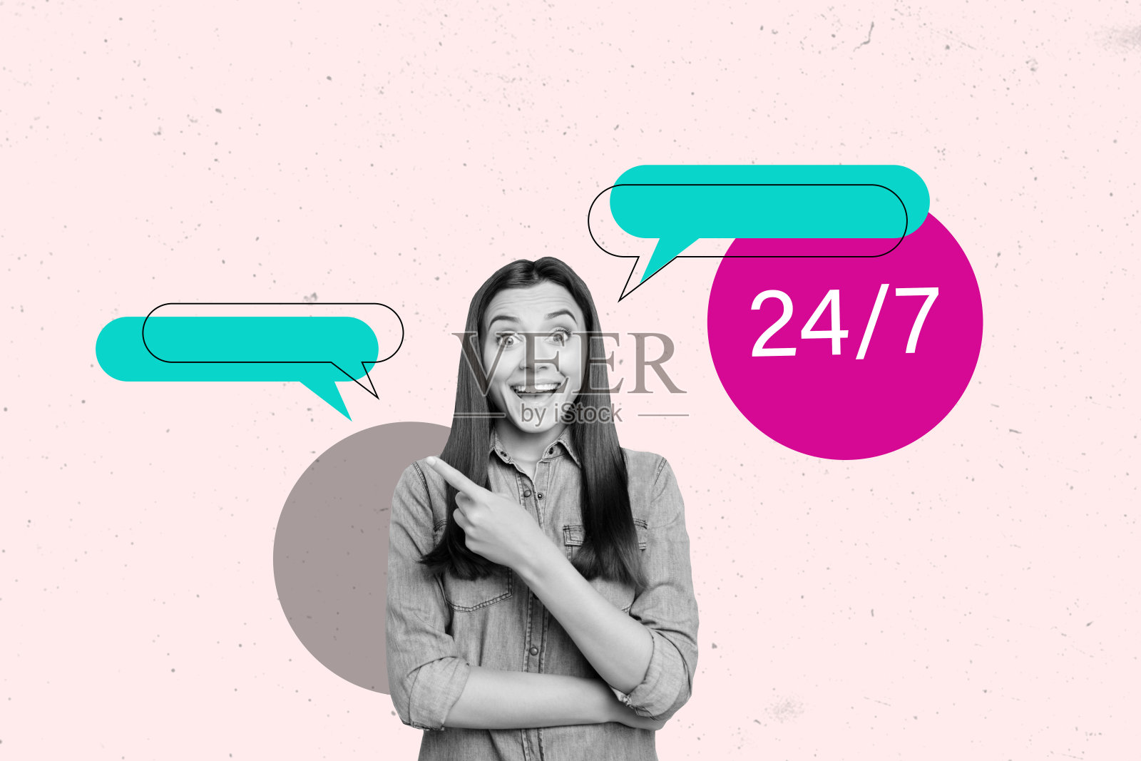 24/7服务支持帮助的综合趋势艺术作品草图，照片拼贴，包含客户、客户服务、对话气泡、灯泡、年轻女士和指点手势。照片摄影图片