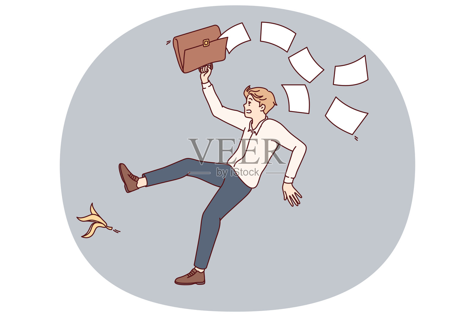 办公室员工摔倒在香蕉皮上，公文包里的文件散落一地插画图片素材