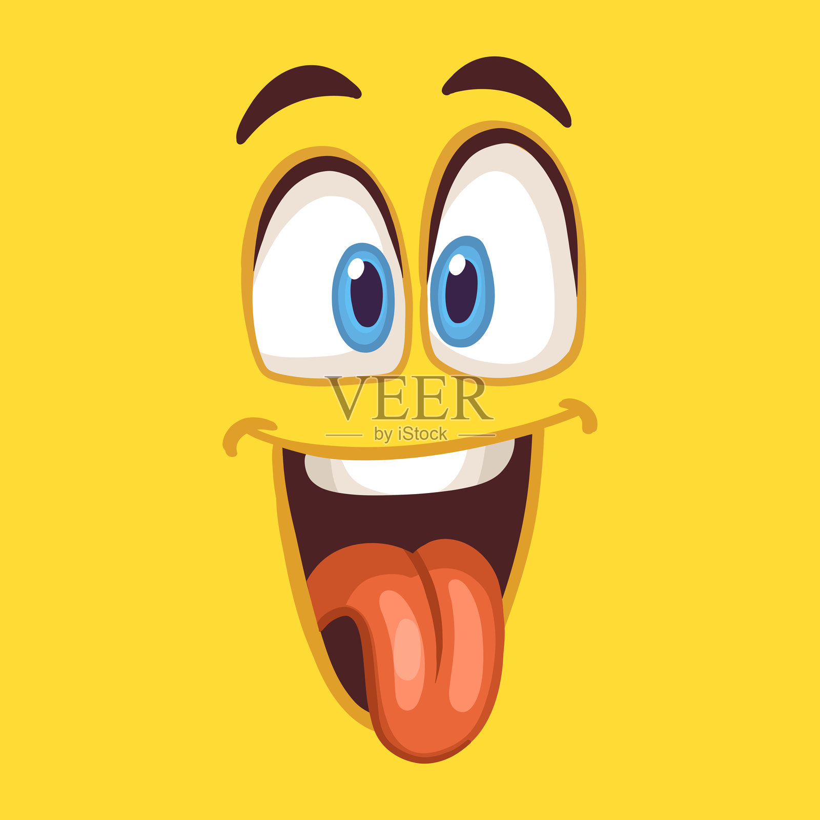 情感卡通。卡通脸部，拥有大圆蓝眼睛和大嘴巴。微笑，快乐，喜悦。插画图片素材