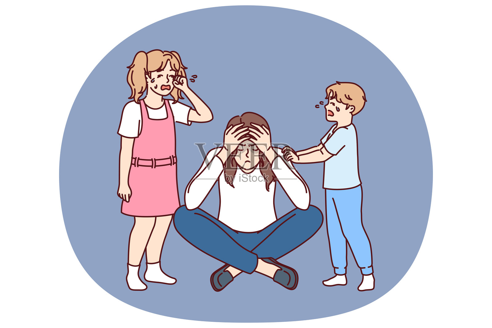 哭泣的孩子们在因经济问题或丈夫离开家庭而感到不安的母亲身边插画图片素材