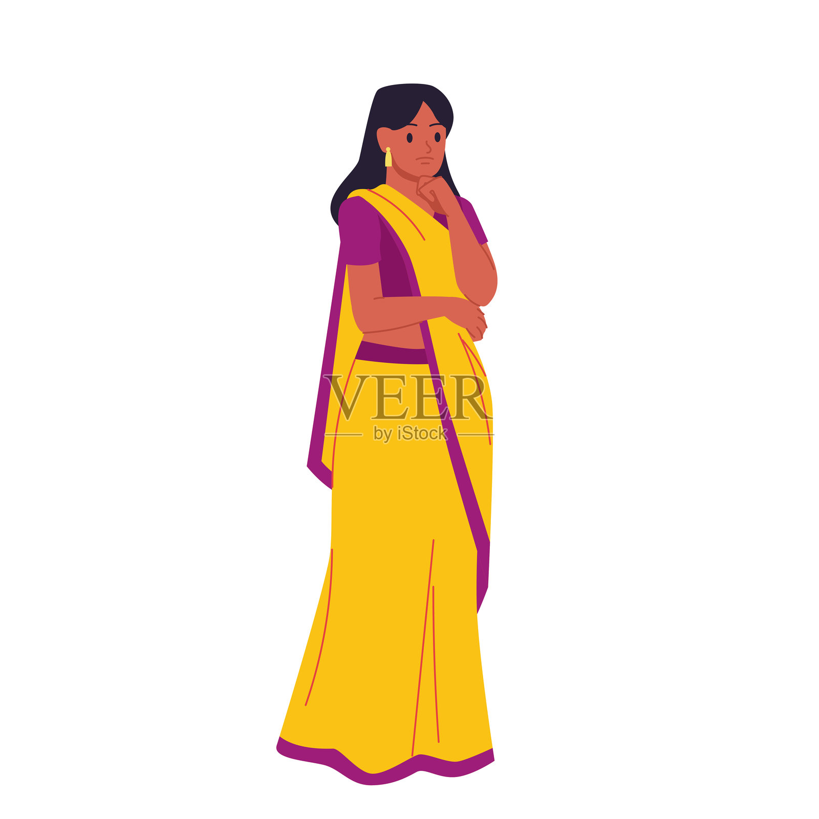 穿着黄色纱丽的伤心印度女孩，手托下巴思考问题。插画图片素材