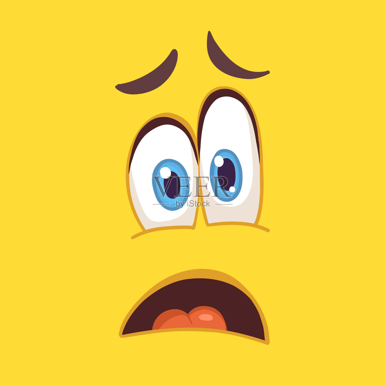 情感卡通。卡通脸部，拥有大圆蓝眼睛和大嘴巴。微笑，快乐，喜悦。插画图片素材