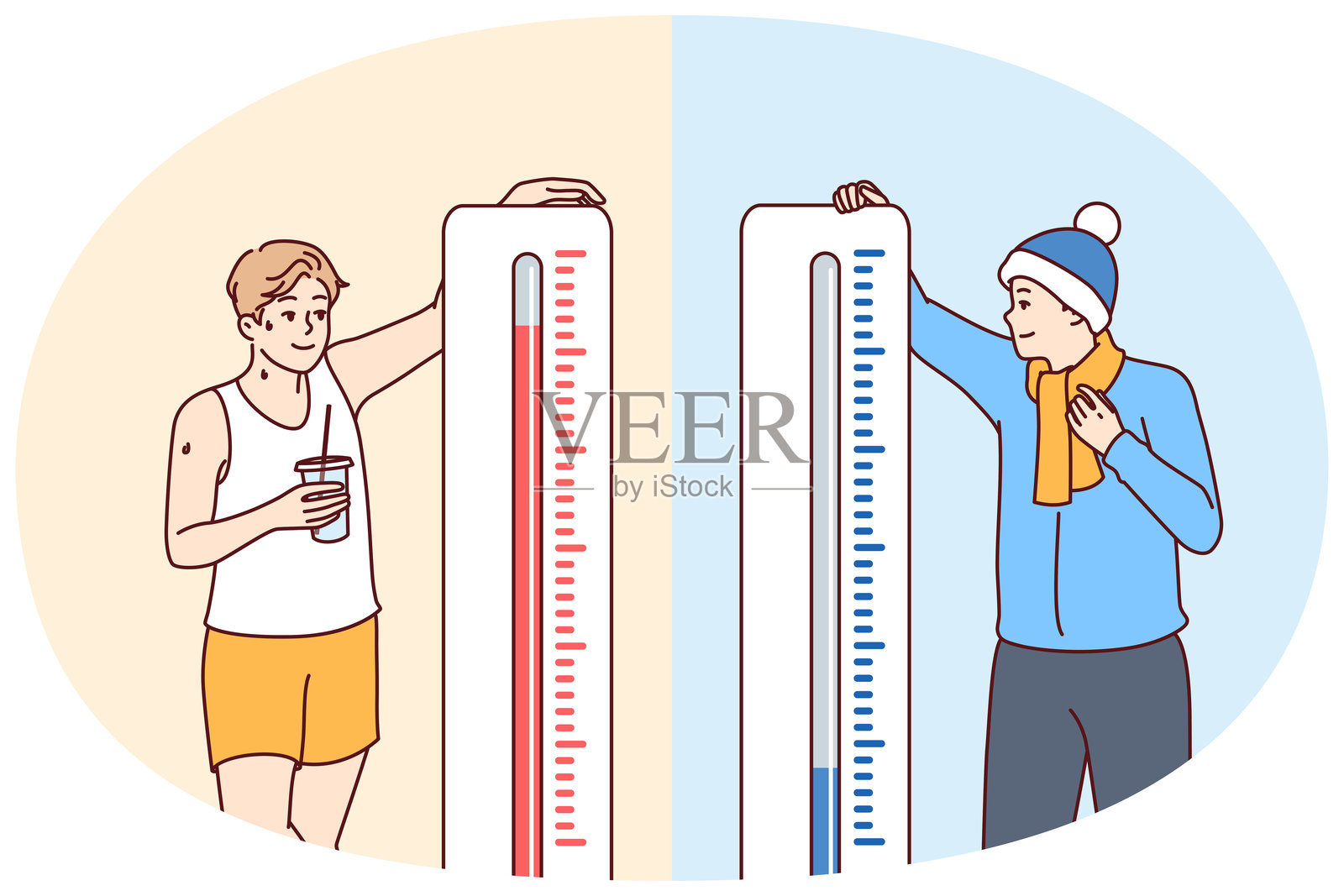 男子站在显示不同温度的温度计旁，感受冷热。插画图片素材