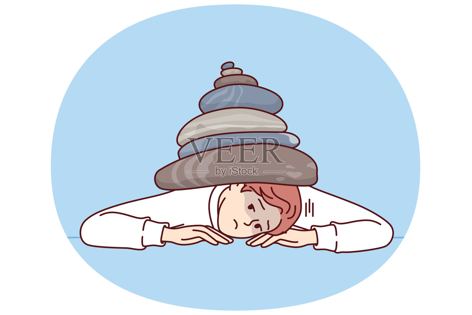 一个因工作压力而烦恼的男人，躺在桌子上，身边放着石头。插画图片素材