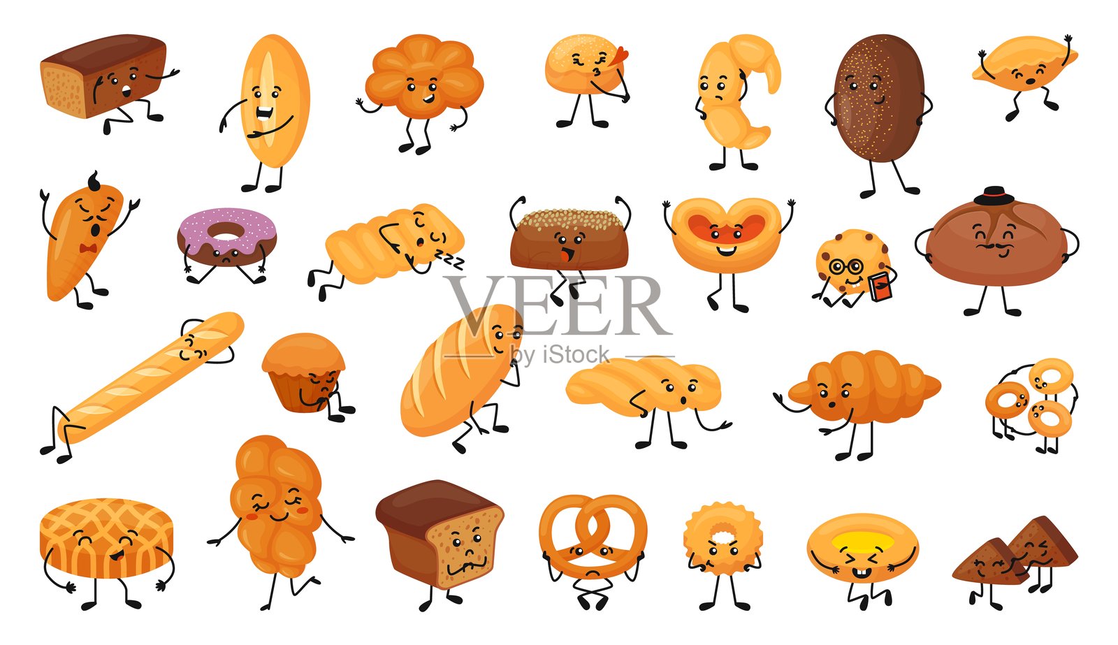 可爱的面包角色。搞笑的糕点角色，萌萌的可颂、法棍、面包卷。甜甜的甜甜圈、百吉饼、松饼吉祥物，现代矢量图集。插画图片素材