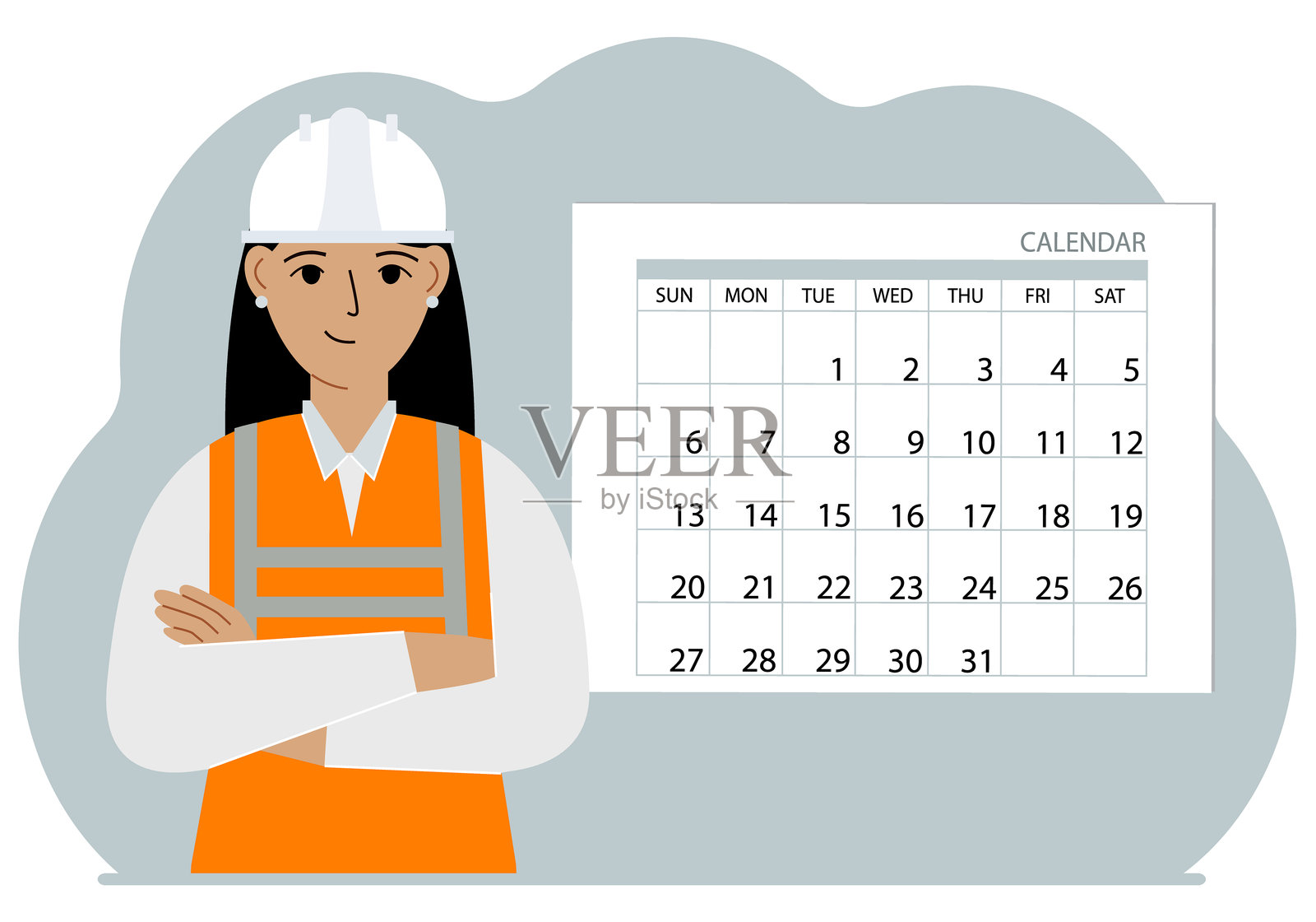 穿着工作服的女性建筑工人站在日历旁。插画图片素材