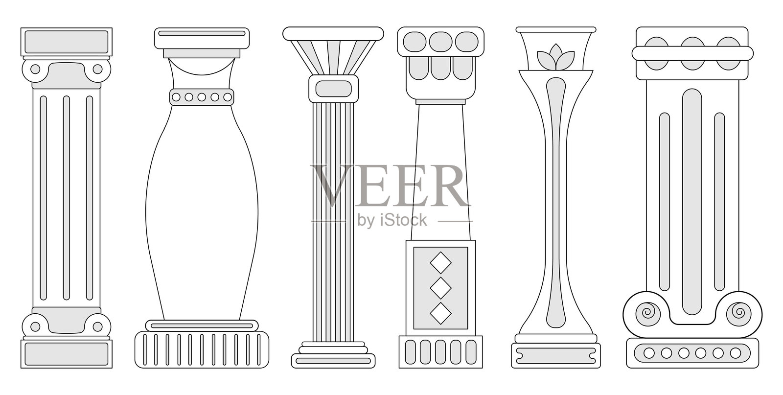 古代柱子轮廓套件。马尔古代底座和讲台。中世纪罗马和希腊建筑元素。复古雕塑。线性矢量集合。插画图片素材