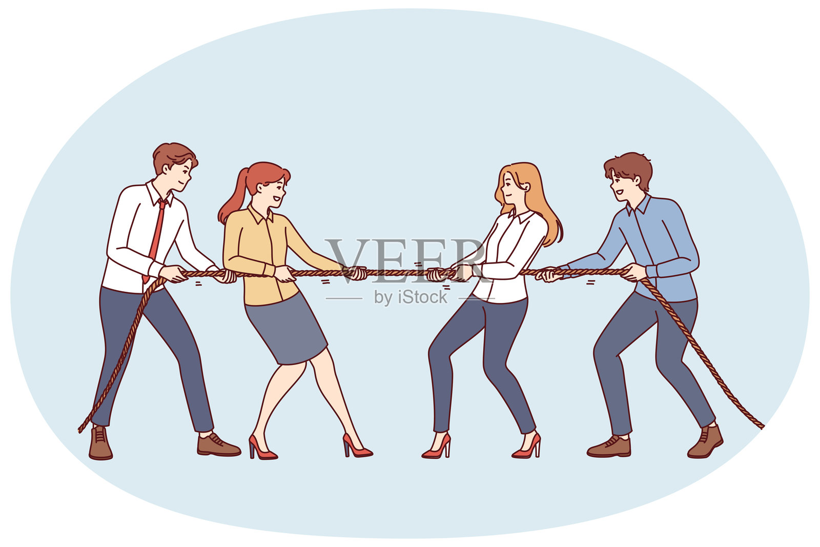 商务人士进行拔河比赛，展示公司不同部门之间的竞争。插画图片素材