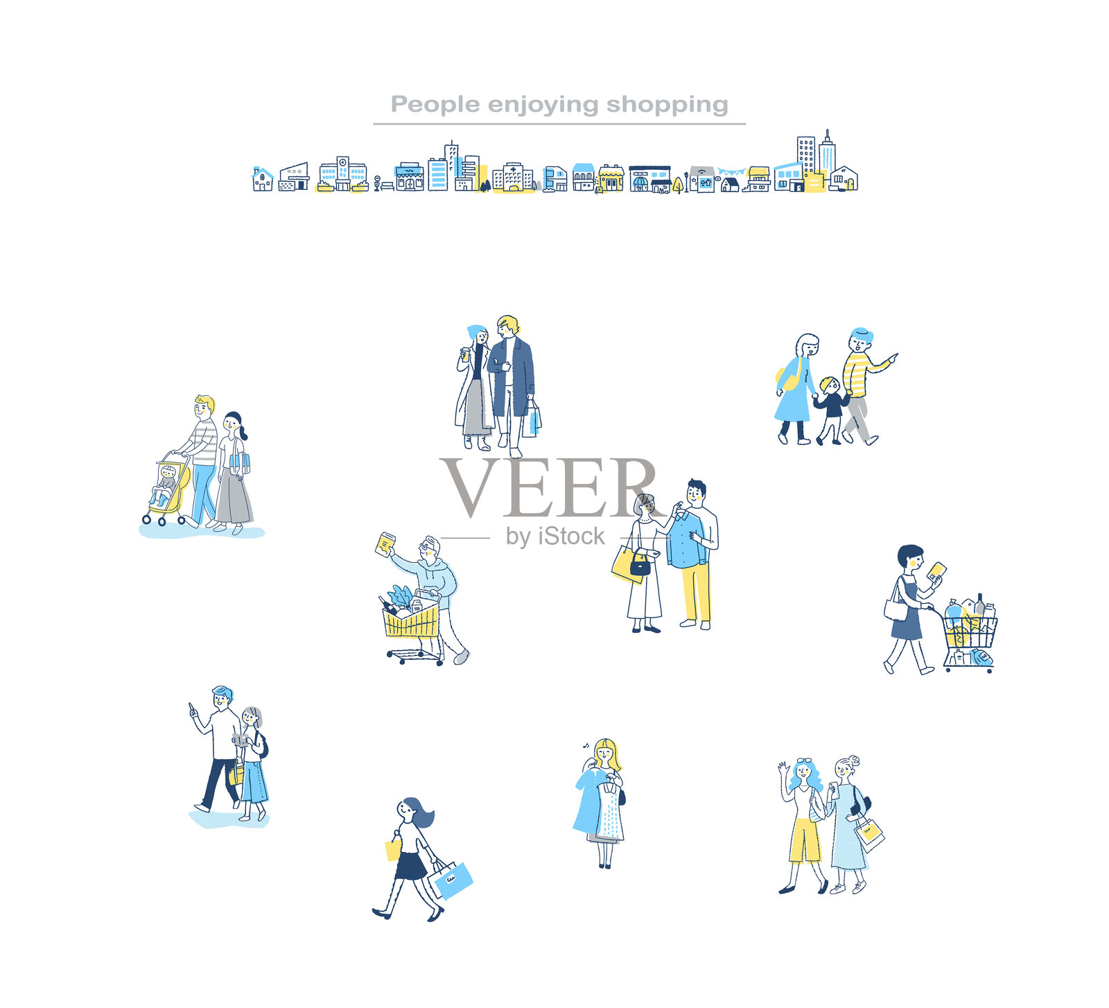 一组不同的人在购物时走动插画图片素材