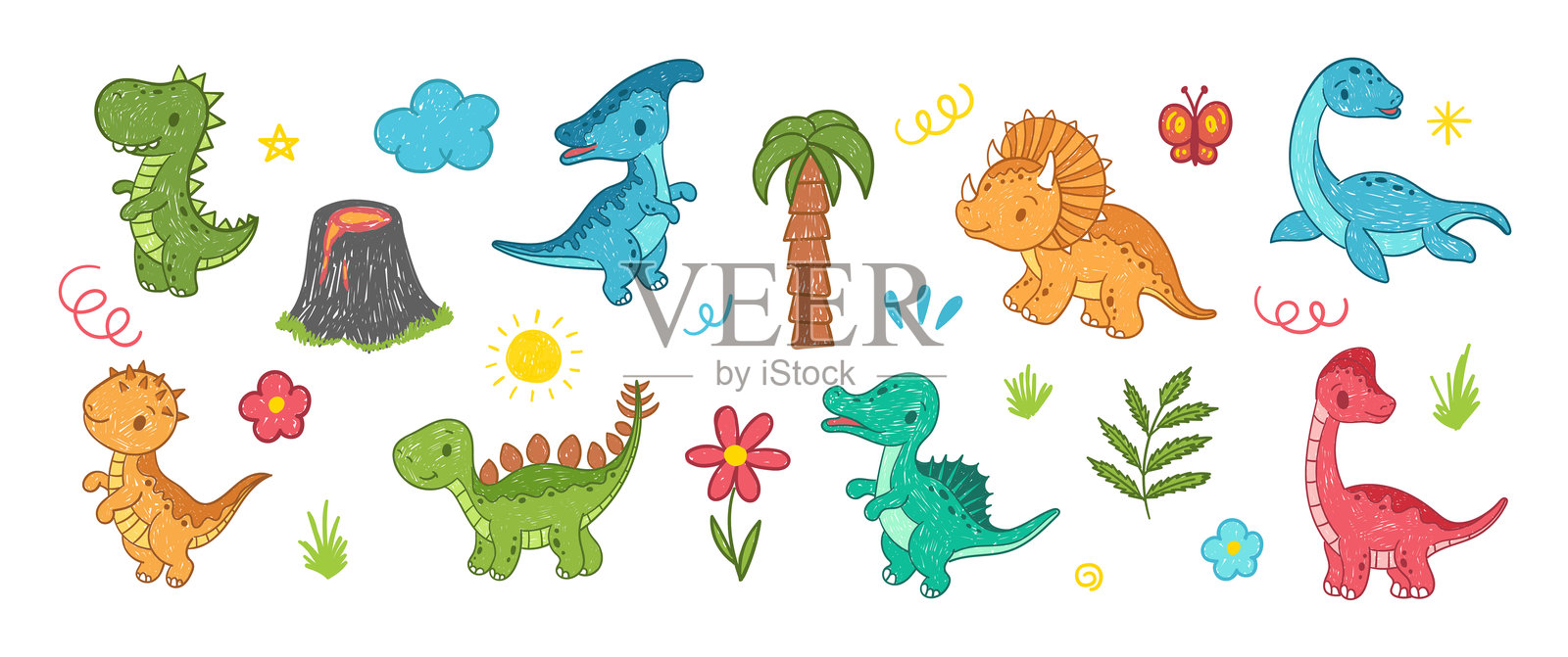 一组简单的儿童恐龙、树、花、云和蝴蝶涂鸦，带有蜡笔或粉笔质感。简单的手绘矢量插图，背景为白色。插画图片素材
