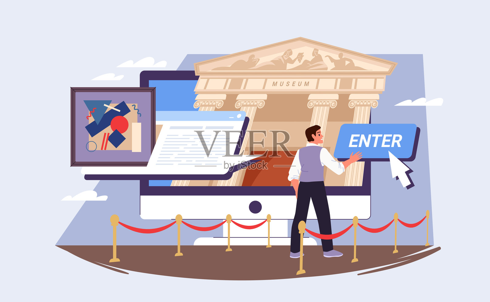 虚拟导览，带领参观现代艺术画廊的博物馆，画中有一个小人。插画图片素材