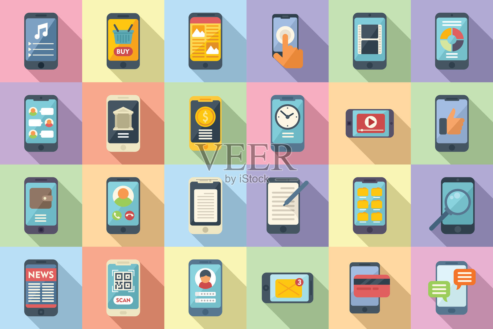 使用智能手机图标集平面矢量。应用成瘾插画图片素材