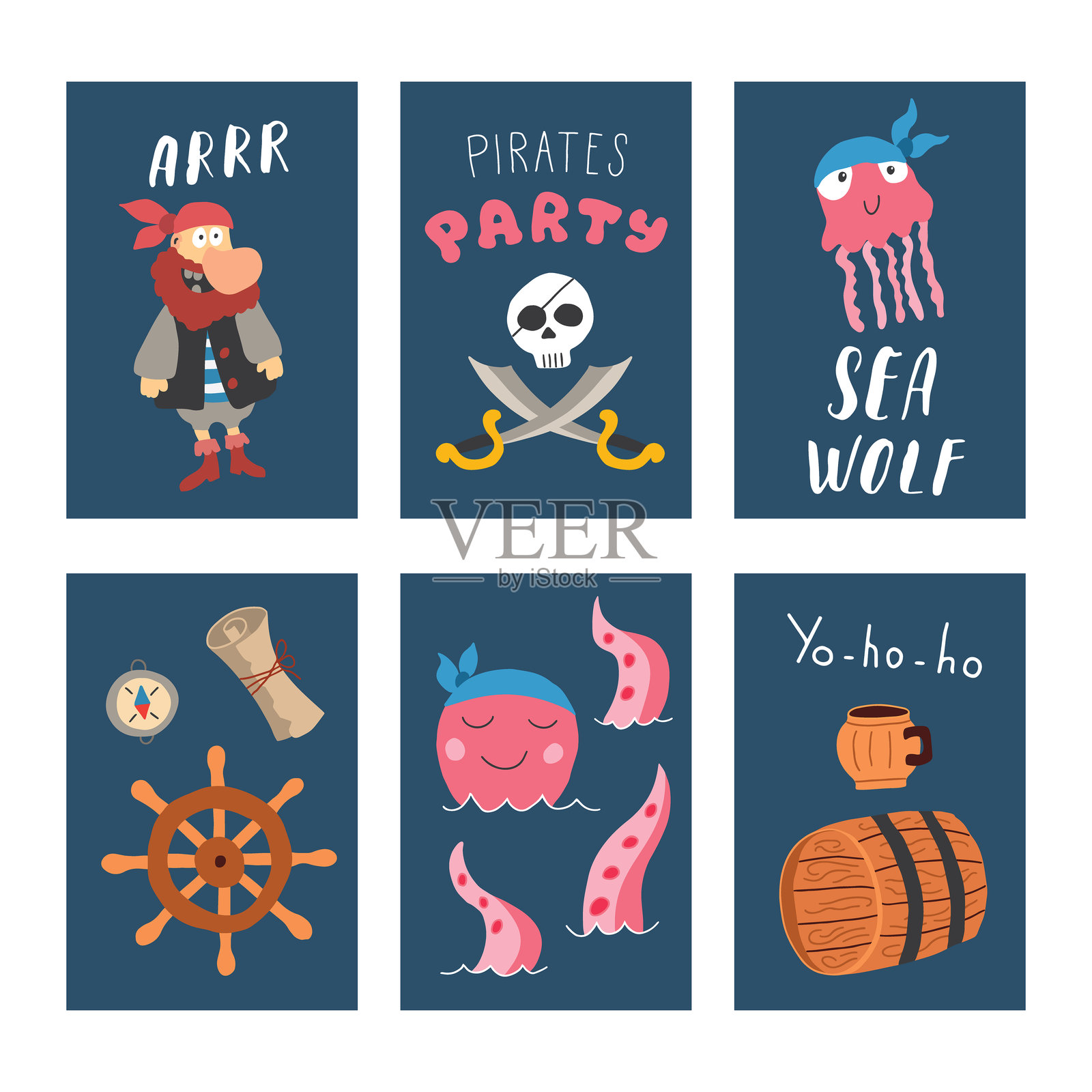 可爱的海盗卡片套装。卡通海洋冒险卡片系列。矢量插图插画图片素材