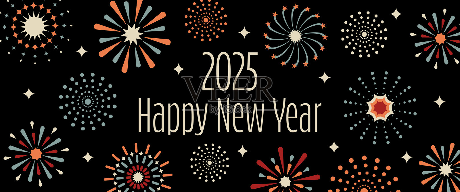 2025新年快乐。方形贺卡上绽放着五彩缤纷的烟花。插画图片素材