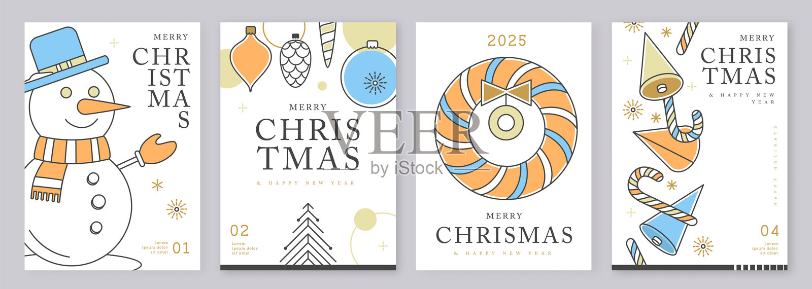 现代线条艺术风格的圣诞快乐和新年快乐贺卡、封面或海报，配有节日装饰。圣诞背景。矢量插图。插画图片素材