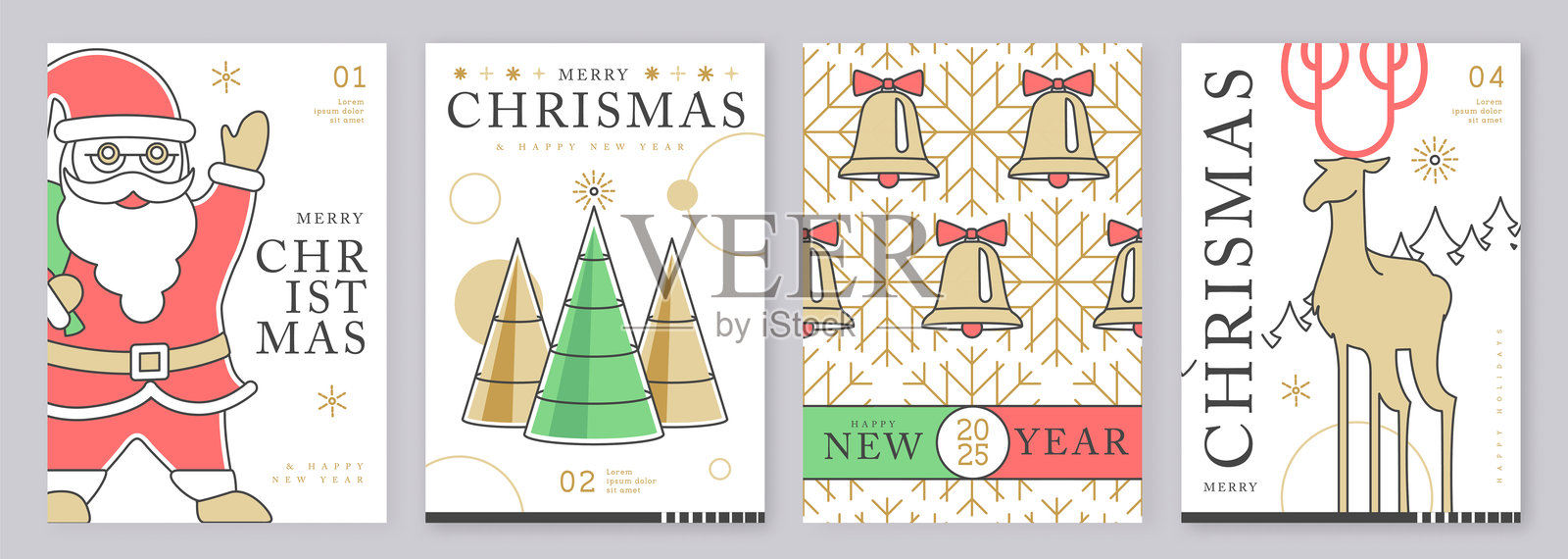 现代线条艺术风格的圣诞快乐和新年快乐贺卡、封面或海报，配有节日装饰。圣诞背景。矢量插图插画图片素材