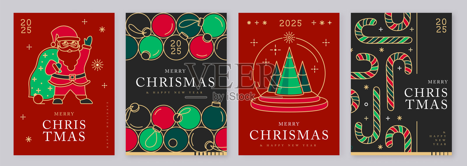 现代线条艺术风格的圣诞快乐和新年快乐贺卡、封面或海报，带有节日装饰。圣诞背景。矢量插图插画图片素材