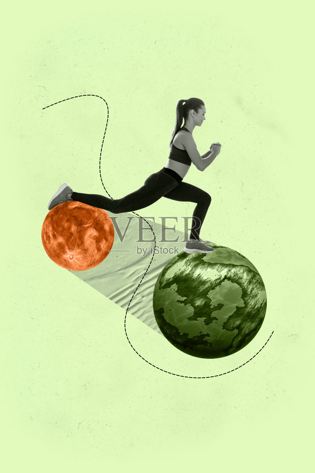 垂直海报拼贴，年轻迷人的运动女性进行锻炼，练习训练，世界、地球、月球、星球，腿部拉伸。照片摄影图片