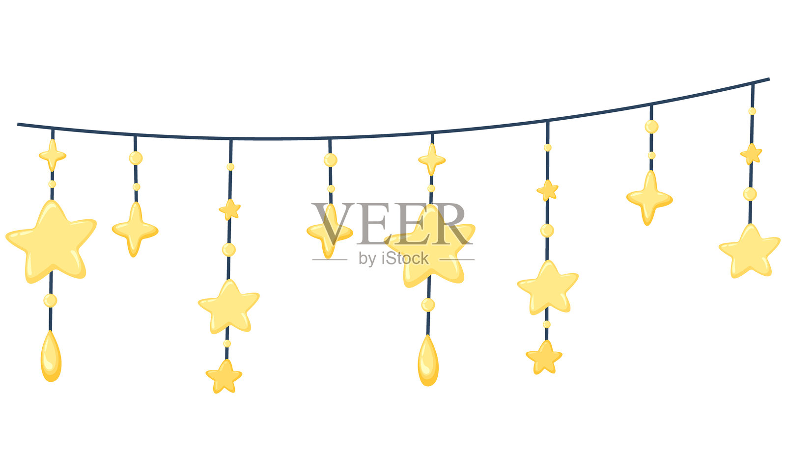 装饰性星星花环。悬挂的彩色星星与涂鸦风格的装饰，背景独立。手绘圣诞花环。适用于贺卡和横幅的祝贺花环。插画图片素材