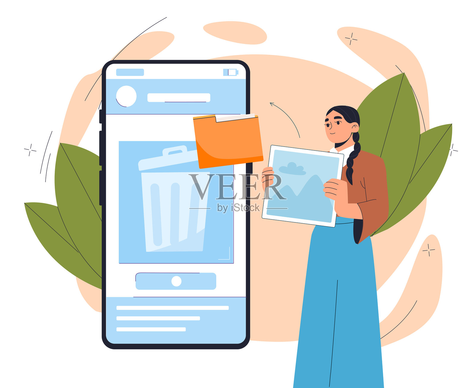 女性正在删除文件。年轻女孩在垃圾桶旁边拿着图片和文件夹。设备或工具的存储管理。社交网络中的沟通。扁平化矢量插图。插画图片素材