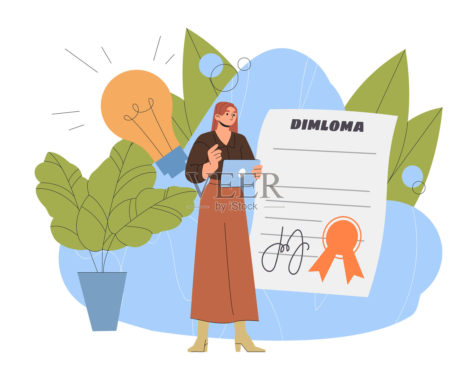 女性获得文凭。年轻女孩在教育证书旁使用笔记本电脑。教育与培训，学习。信息与知识。扁平化矢量插图插画图片素材