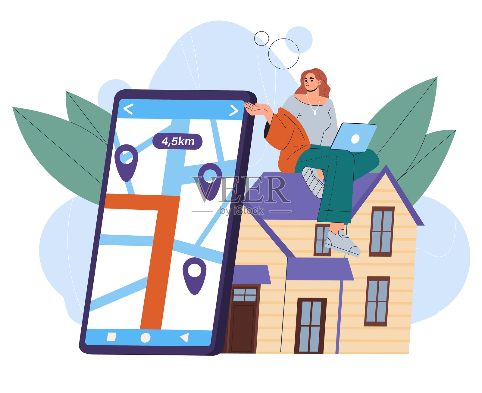 女性购房。年轻女孩在网上选择公寓。房地产和私有财产交易。别墅和联排别墅。平面矢量插图。插画图片素材