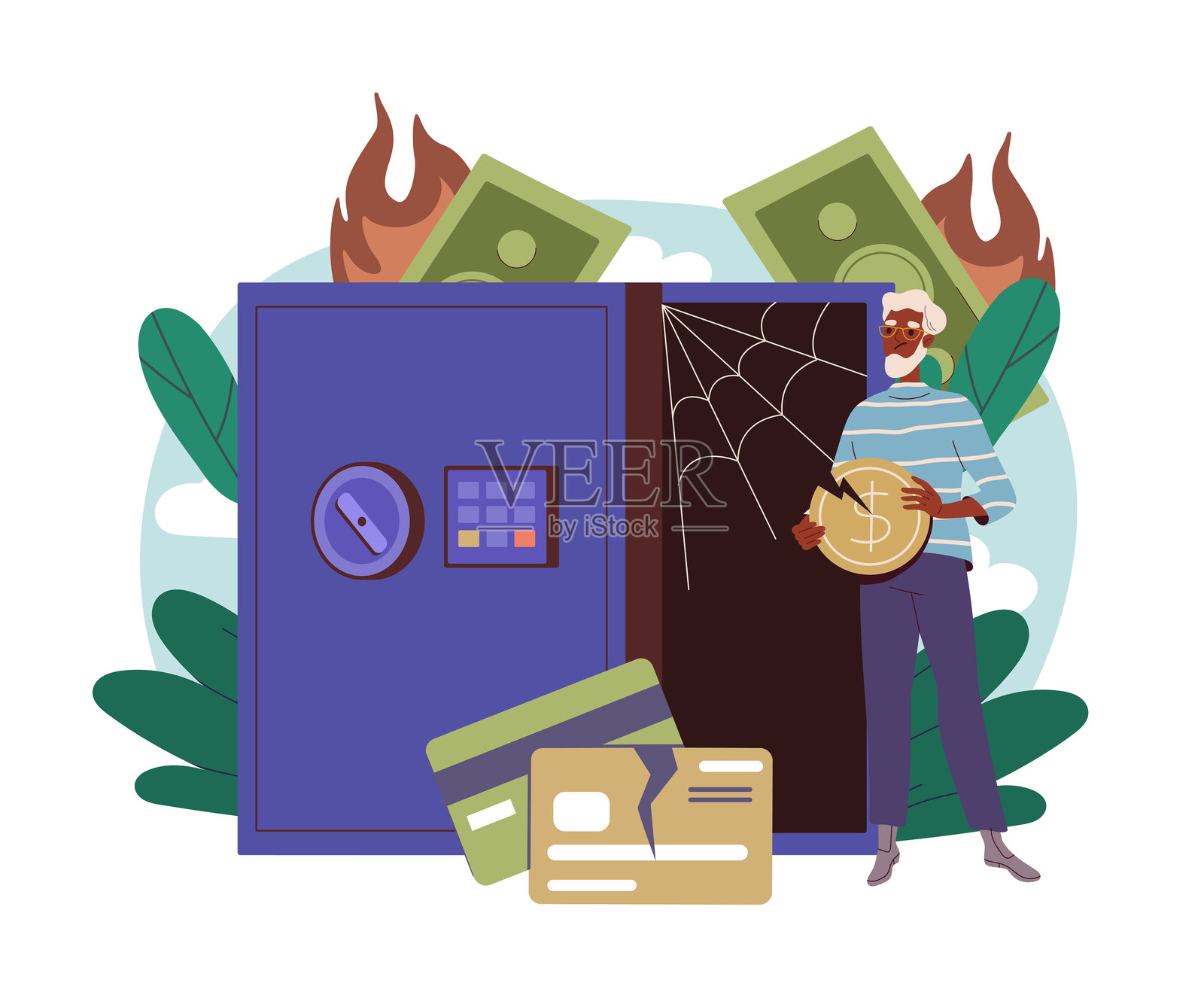 金钱损失。男人在空荡荡的保险箱旁，里面布满蜘蛛网和破损的银行卡。经济危机、通货膨胀和衰退。破产的商人。扁平矢量插图。插画图片素材