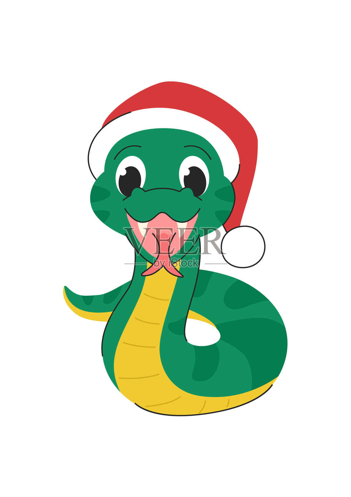 可爱的圣诞蛇戴着新年帽子，吐着舌头。绿色蛇。2025年的中国生肖。背景为白色。插画图片素材