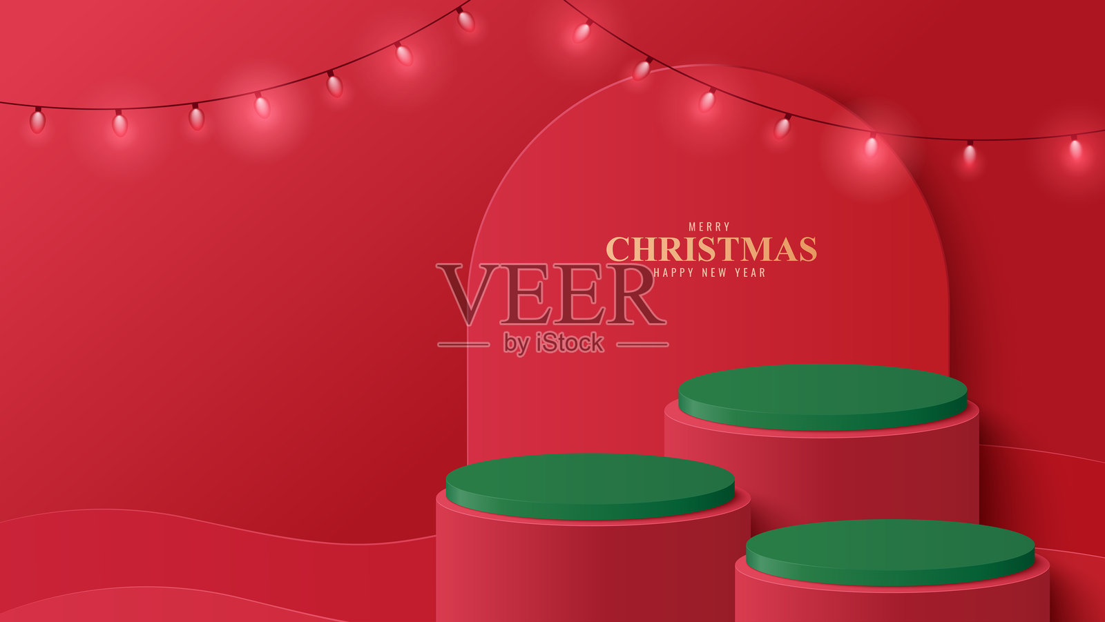 红色圣诞讲台。用于产品展示的圆形红色讲台。展示产品的平台，背景为红色。圣诞快乐背景。插画图片素材
