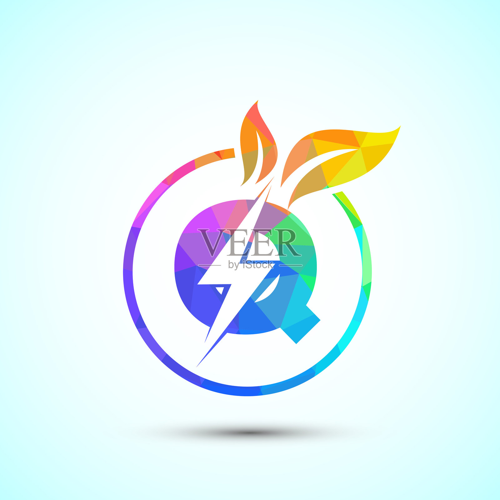 字母Q与闪电和叶子的组合。生态节能图标，自然能源电力标志。插画图片素材