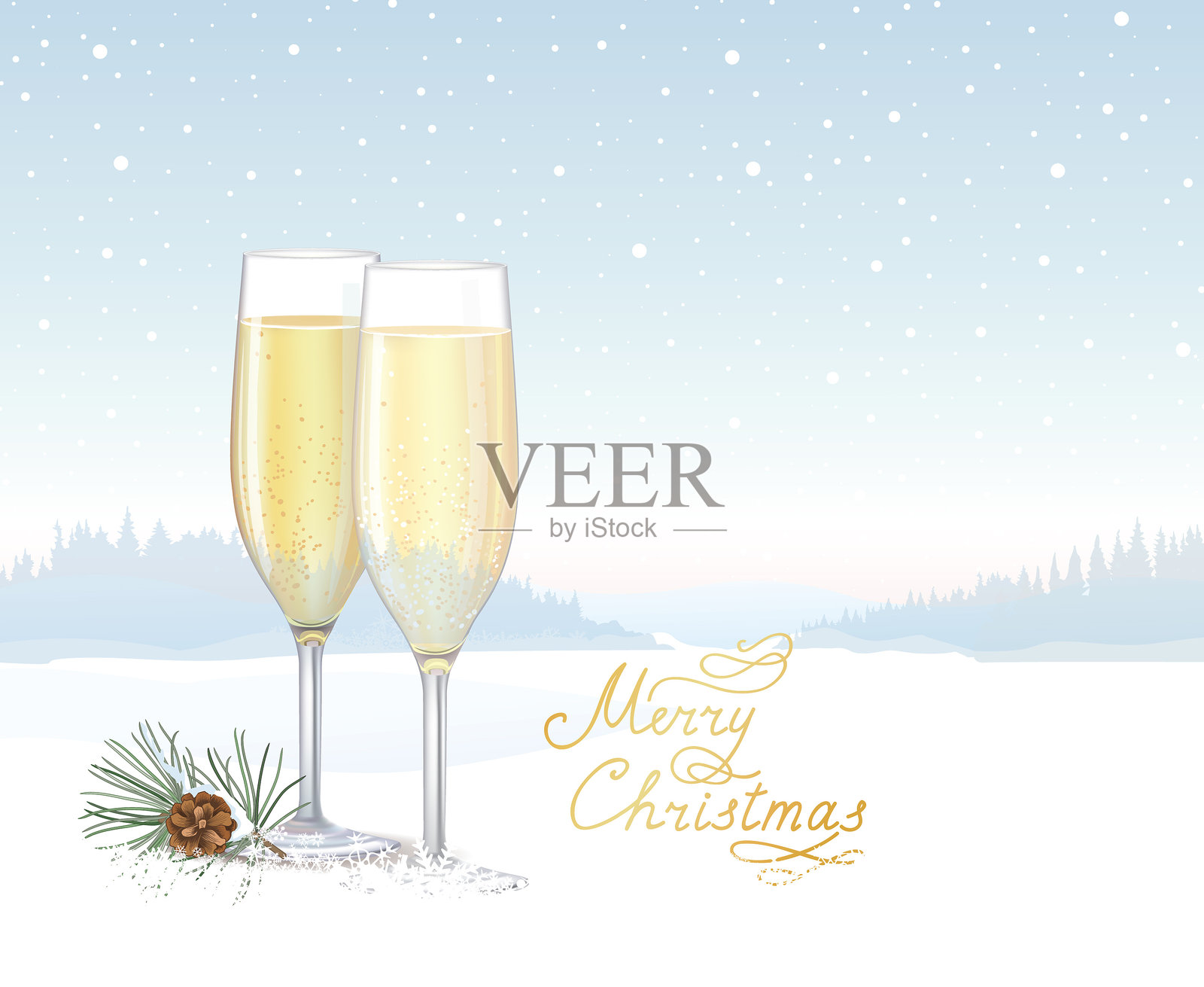 圣诞冬季自然背景，两个香槟杯，祝福“圣诞快乐”，雪中松树枝和松果插画图片素材