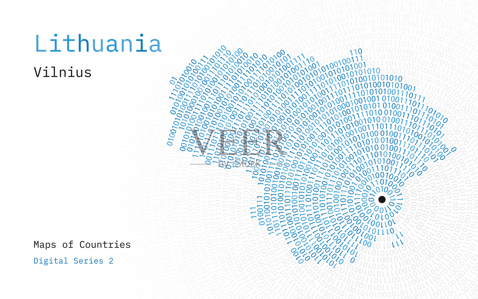 以零和一的形式描绘的立陶宛地图，呈圆形。首都维尔纽斯位于圆心。插画图片素材
