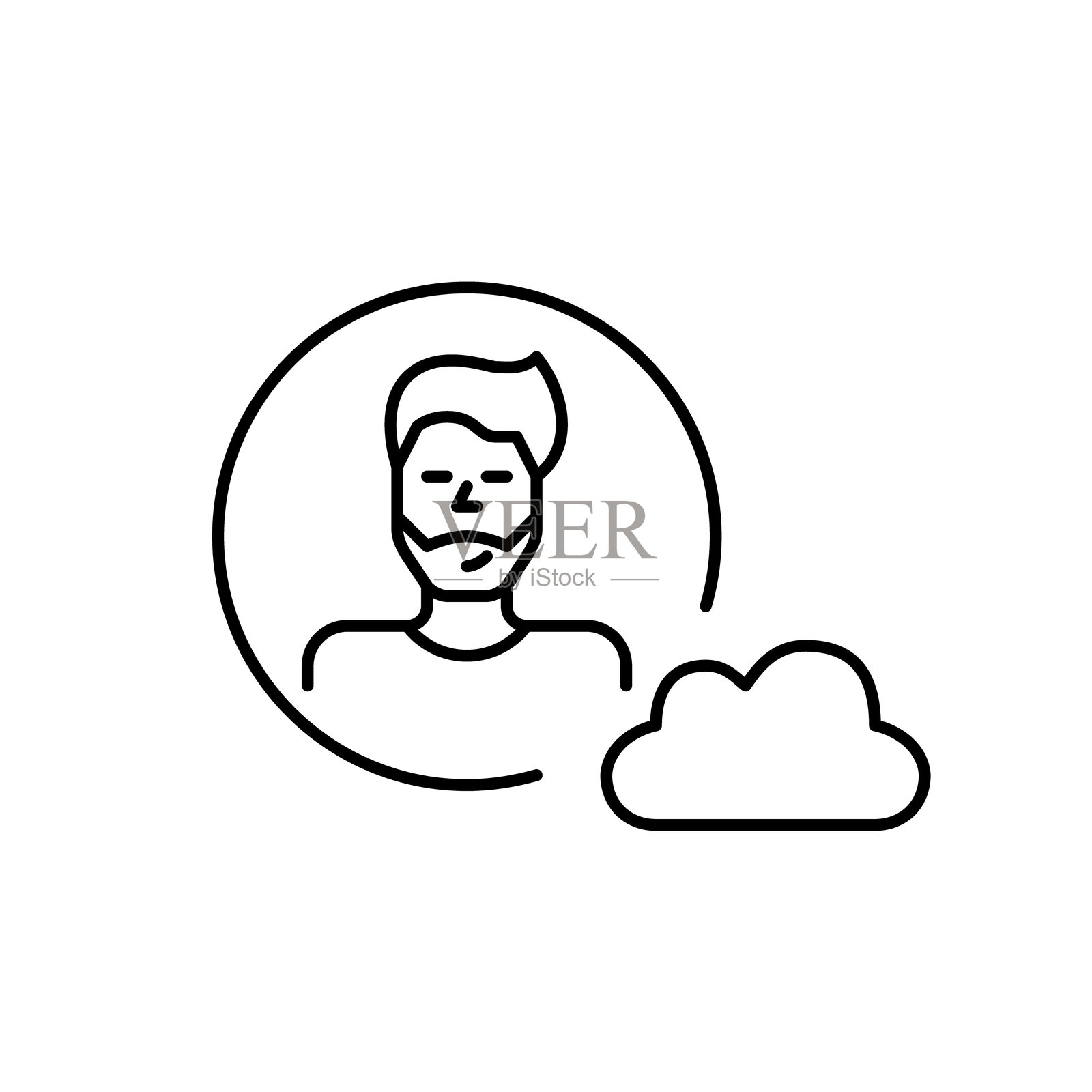 男性用户资料与云。数据存储、备份或用户信息在云中管理。远程连接。像素完美，可编辑的线条图标。插画图片素材